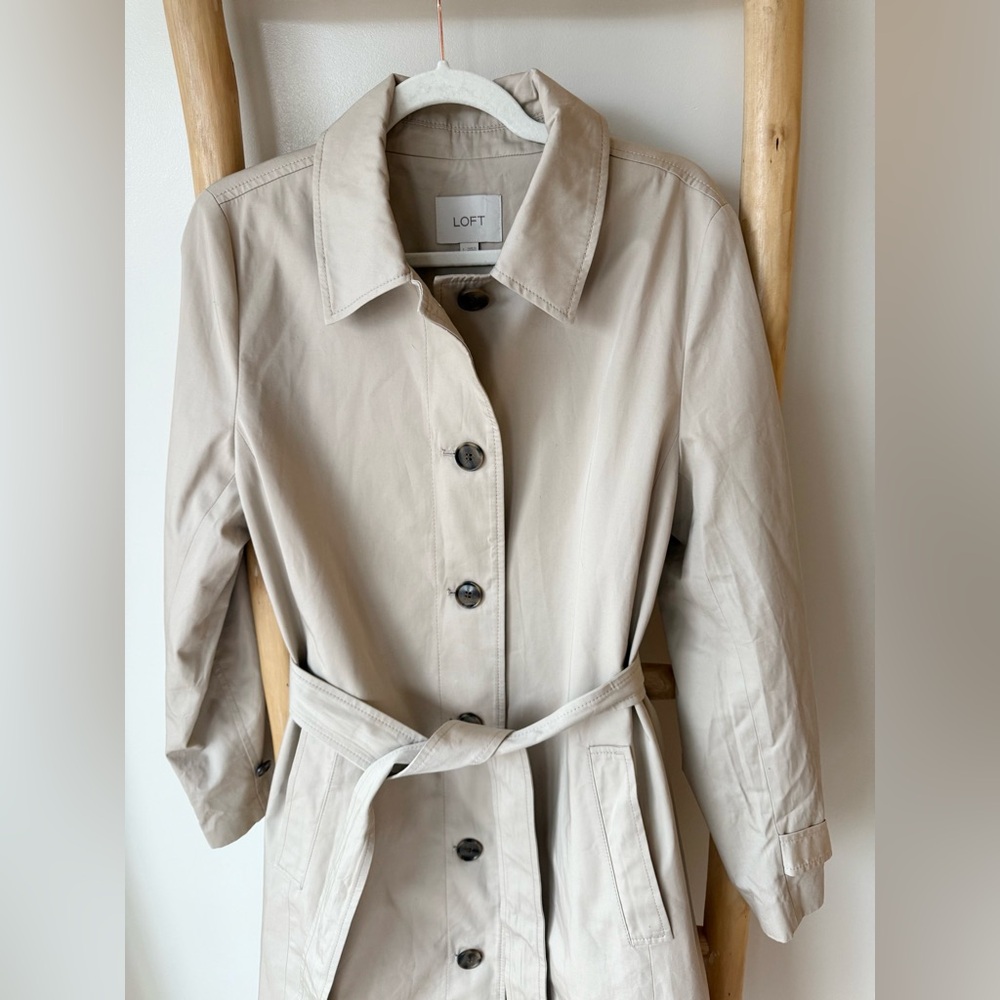 LOFT Ann Taylor Long Tan Khaki Belted Trench Coat Spring Preppy Casual L - Picture 7 of 15
